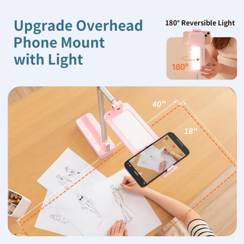 Upgrade Phone Stand for Recording,360° Rotation Overhead Phone Mount with Light,Desktop Tripod with Rechargeable 15 Brightness Lamp