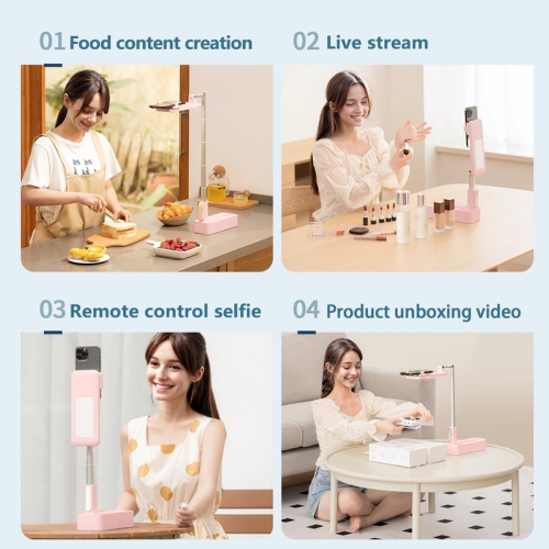 Upgrade Phone Stand for Recording,360° Rotation Overhead Phone Mount with Light,Desktop Tripod with Rechargeable 15 Brightness Lamp