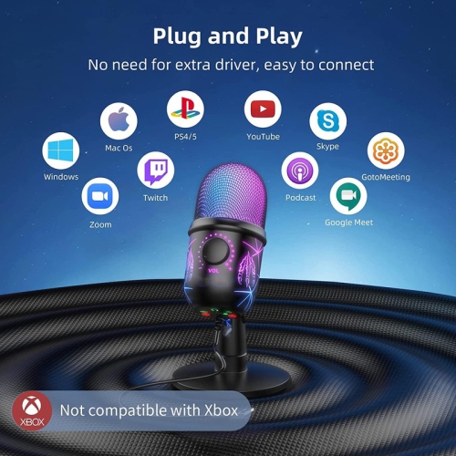 Gaming Microphone, USB PC Mic for Streaming, Podcasts, Recording, Condenser Computer Desktop Mic on Mac/PS4/PS5, with RGB Control, Mute Touch,