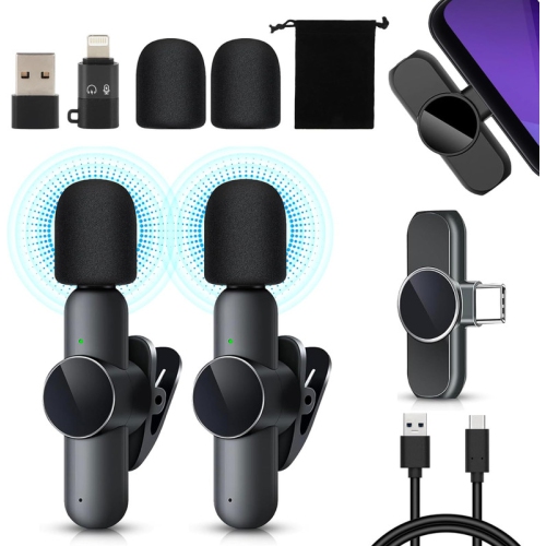 Micro-cravate sans fil, 2 mini microphone compatible avec iPhone/iPad/Android/PC, micro-cravate prêt à l'emploi