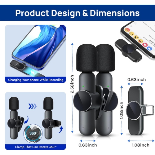 Micro-cravate sans fil, 2 mini microphone compatible avec iPhone/iPad/Android/PC, micro-cravate prêt à l'emploi