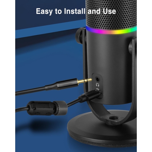 Dynamic Podcast Microphone, PC Phone Cardioid USB Gaming Desktop Microphone with RGB, Headphone Jack, Mute Button, Gain Knob