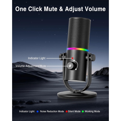 Dynamic Podcast Microphone, PC Phone Cardioid USB Gaming Desktop Microphone with RGB, Headphone Jack, Mute Button, Gain Knob