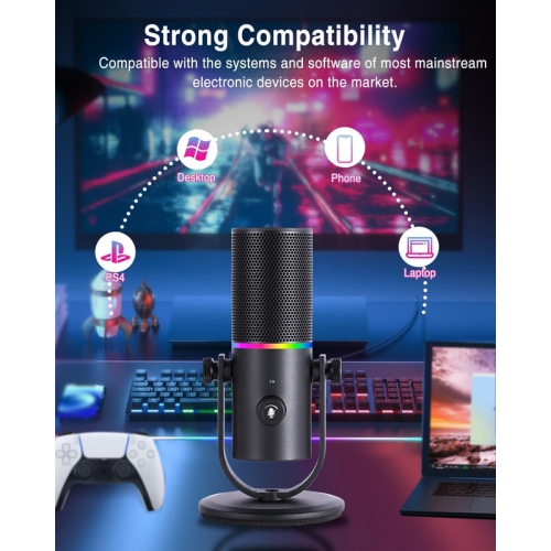 Dynamic Podcast Microphone, PC Phone Cardioid USB Gaming Desktop Microphone with RGB, Headphone Jack, Mute Button, Gain Knob