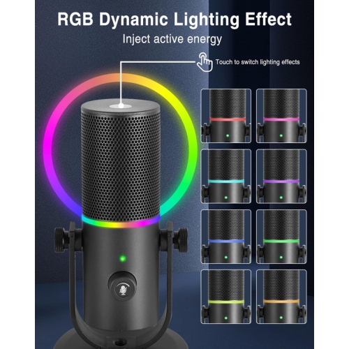 Dynamic Podcast Microphone, PC Phone Cardioid USB Gaming Desktop Microphone with RGB, Headphone Jack, Mute Button, Gain Knob