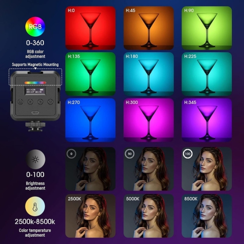 Magnetic RGB Video Light, 360° Full Color RGB61 LED Camera Light with 3 Cold Shoe Mounts/CRI 97+/20 Scene Modes/2500K-8500K/2000mAh, Small Panel Light