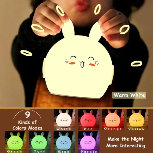 Night Light for Kids Cute Bunny Lamp with 9 Colors Changing & Dimming Function, Rechargeable Silicone Nursery Animal Night Lamp for Baby and Toddler,