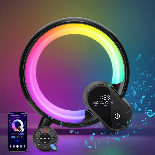 Intelligent LED Table Lamp, 2024 New Atmosphere Lamp with Bluetooth Speaker, Dimmable Night Light Music Alarm Clock Calendar Clock Temperature,