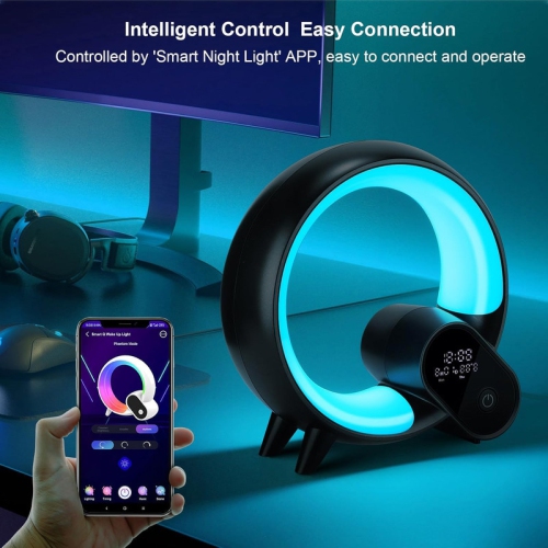 Intelligent LED Table Lamp, 2024 New Atmosphere Lamp with Bluetooth Speaker, Dimmable Night Light Music Alarm Clock Calendar Clock Temperature,