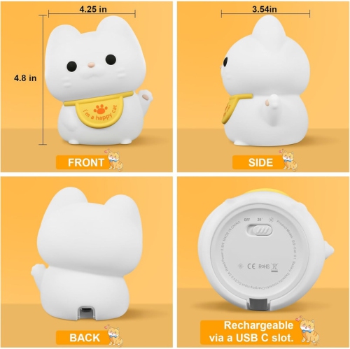Cute Cat Lamp, Cat Night Light, Rechargeable Dimmable Nightlight, Silicone LED Bedside Lamp Nursery Nightlight with 20 Minutes Timer and