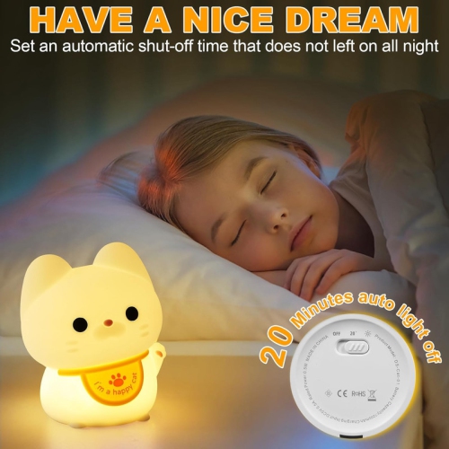 Cute Cat Lamp, Cat Night Light, Rechargeable Dimmable Nightlight, Silicone LED Bedside Lamp Nursery Nightlight with 20 Minutes Timer and