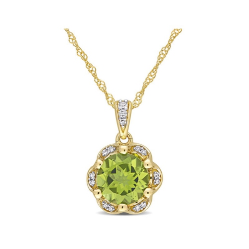 GEM AND HARMONY  1.52 Carat (Ctw) Peridot Flower Pendant Necklace In 14K Gold With Accent Diamonds And Chain In Yellow