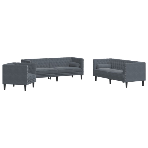 VIDAXL  3 Piece Chesterfield Sofa Set With Bolsters Dark Velvet In Grey