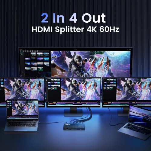 4K@60Hz HDMI Switch Splitter 2 in 4 Out with Remote, avedio Links 2x4 HDMI Splitter Switcher 4K with SPDIF & 3.5mm Audio, Support 4K, 3D, 1080p,
