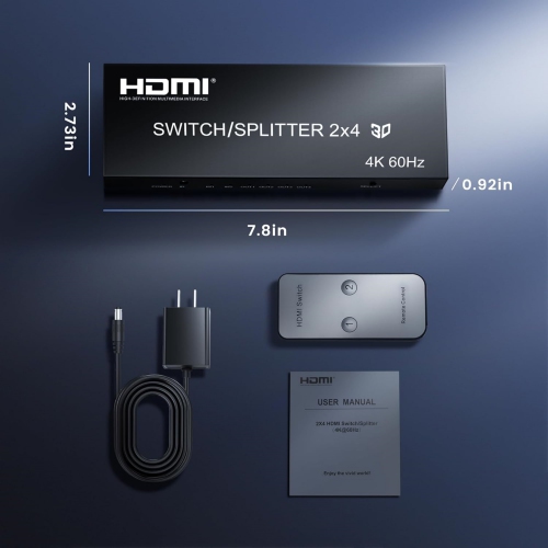 4K@60Hz HDMI Switch Splitter 2 in 4 Out with Remote, avedio Links 2x4 HDMI Splitter Switcher 4K with SPDIF & 3.5mm Audio, Support 4K, 3D, 1080p,