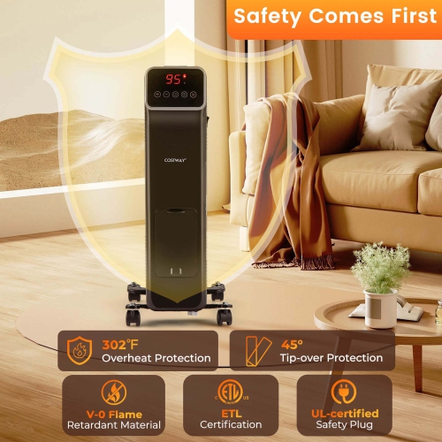 Costway 1500W Oil Filled Radiator Heater with Remote Control 3 Modes 24H Timer Indoor