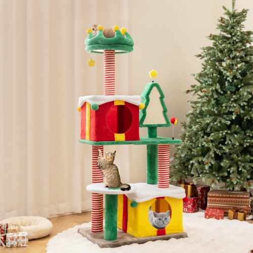 Costway Christmas Cat Tree for Indoor Cats with Sisal Scratching Posts Carpet Plush Perch