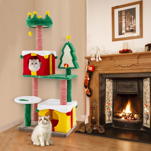 Costway Christmas Cat Tree for Indoor Cats with Sisal Scratching Posts Carpet Plush Perch