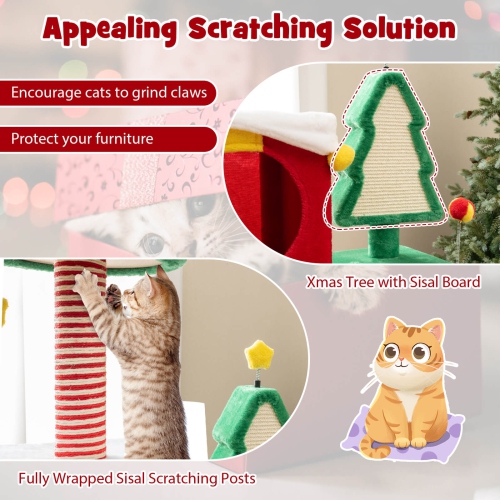 Costway Christmas Cat Tree for Indoor Cats with Sisal Scratching Posts Carpet Plush Perch
