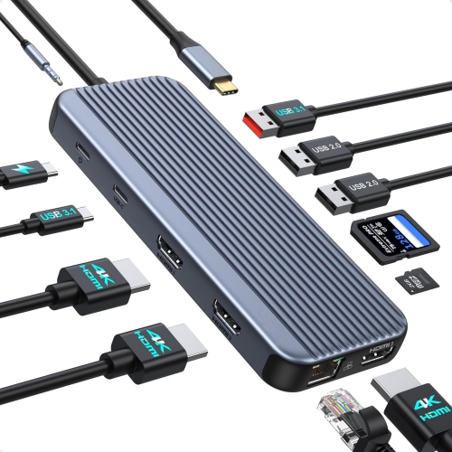 NIERBO USB C Docking Station Monitors,12 in 1 Docking Station Dual Monitor, Laptop Docking Station 3 HDMI with 10Gbps USB A/C 3.1,USB 2.0,100W