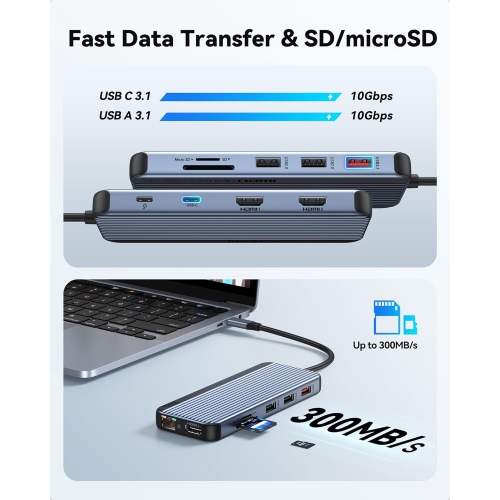 NIERBO USB C Docking Station Monitors,12 in 1 Docking Station Dual Monitor, Laptop Docking Station 3 HDMI with 10Gbps USB A/C 3.1,USB 2.0,100W