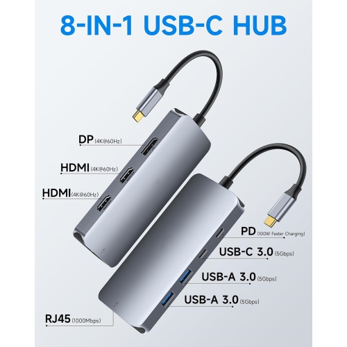 NIERBO USB C Docking Station 3 Monitors Triple 4K Display with 2 HDMI, DisplayPort, 1 Gbps Ethernet, 100W PD Charging, USB 3.0 Ports Adapter for