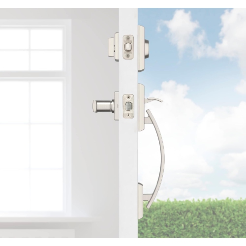 Weiser Satin Nickel Front Door Lock and Handle Set, Tavaris Deadbolt Lock and Handleset with Reversible Breton Interior Door Handle