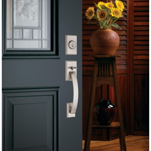 Weiser Satin Nickel Front Door Lock and Handle Set, Tavaris Deadbolt Lock and Handleset with Reversible Breton Interior Door Handle