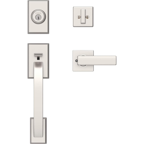 Weiser Satin Nickel Front Door Lock and Handle Set, Tavaris Deadbolt Lock and Handleset with Reversible Breton Interior Door Handle