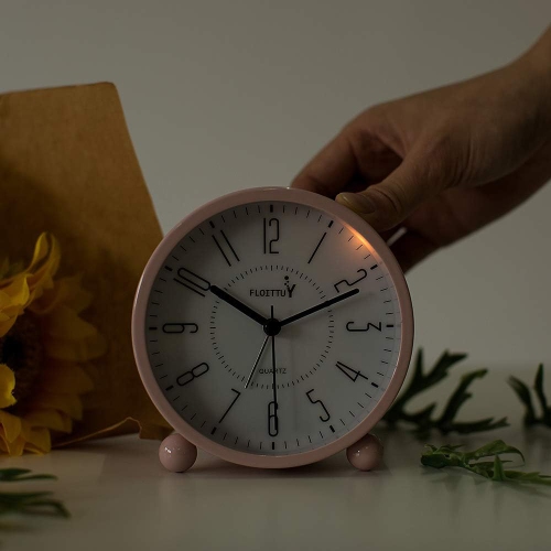 Réveil très silencieux, Réveil-matin rond avec veilleuse, Fonctionnement à piles, Simple et rétro pour bureau, chambre à coucher, rose