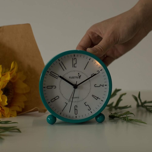 Réveil super silencieux, Réveil-matin rond avec veilleuse, Fonctionnement à piles, Simple et rétro pour bureau, chambre, bleu lac
