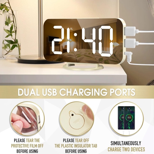 Digital Alarm Clock with USB Charger,Large LED Display, Snooze Function Dim Mode Wall Hanging Beside Desk Clock for Bedroom,Pearl
