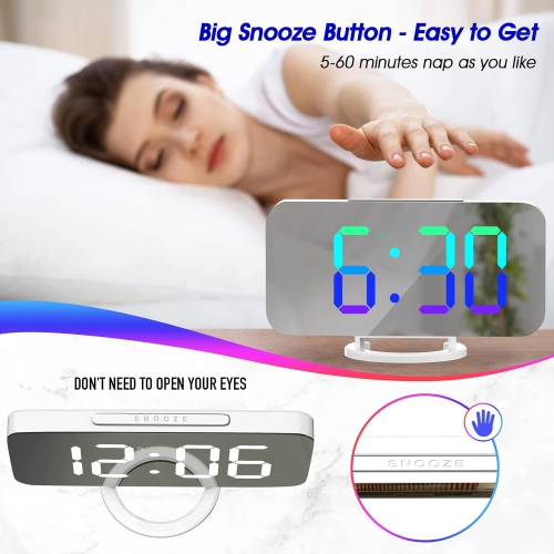 Digital Alarm Clock with USB Charger,Large LED Display, Snooze Function Dim Mode Wall Hanging Beside Desk Clock for Bedroom,Rgb-white