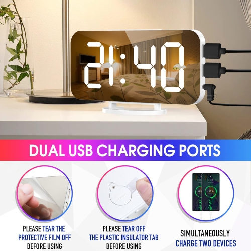 Digital Alarm Clock with USB Charger,Large LED Display, Snooze Function Dim Mode Wall Hanging Beside Desk Clock for Bedroom,Rgb-white