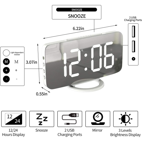 Digital Alarm Clock with USB Charger,Large LED Display, Snooze Function Dim Mode Wall Hanging Beside Desk Clock for Bedroom,White