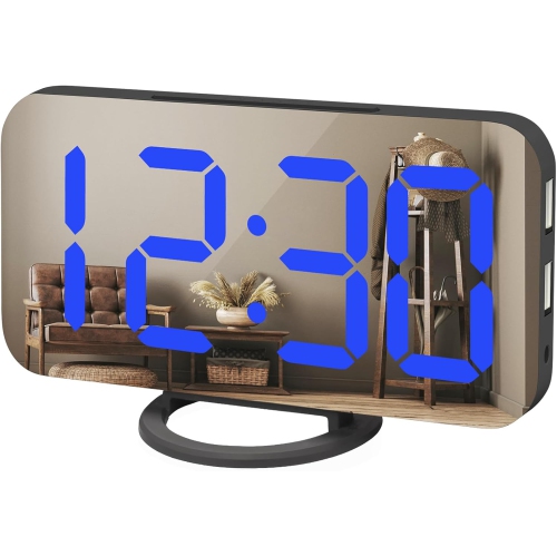 NONE Digital Alarm Clock With USB Charger, Large Led Display, Snooze Function Dim Mode Wall Hanging Beside Desk Clock for Bedroom, Black-Blue