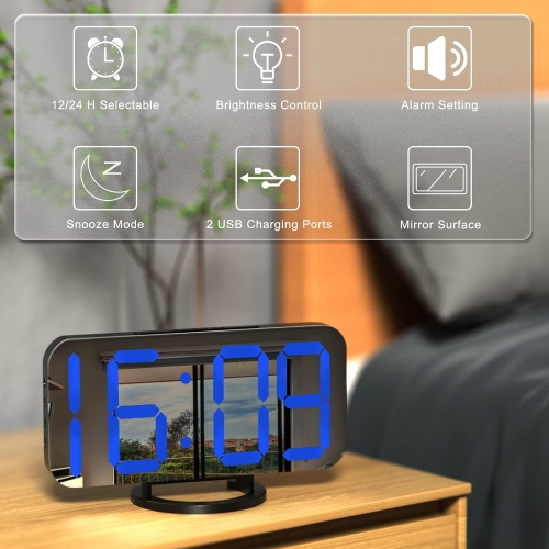 Digital Alarm Clock with USB Charger,Large LED Display, Snooze Function Dim Mode Wall Hanging Beside Desk Clock for Bedroom,Black-blue