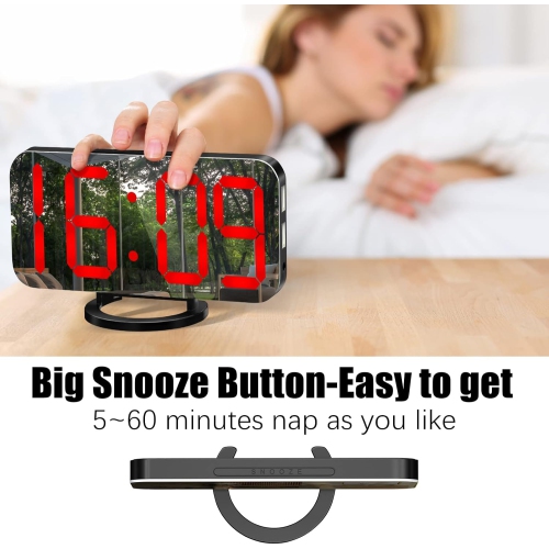 Digital Alarm Clock with USB Charger,Large LED Display, Snooze Function Dim Mode Wall Hanging Beside Desk Clock for Bedroom,Black-red