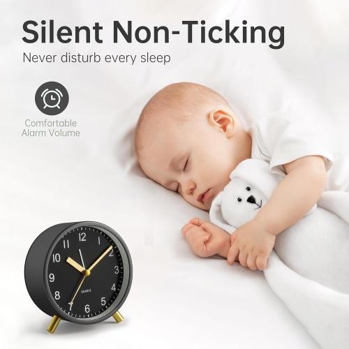 Petit réveille-matin super silencieux sans coulissement avec veilleuse, à piles, style ancien, décor noir, pour chambre, adulte, enfant, noir et or