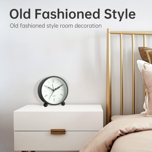 Petit réveille-matin super silencieux sans coulissement avec veilleuse, à piles, style ancien, décor noir, pour chambre, adulte, enfant, noir