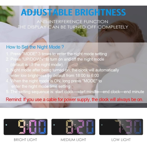 Réveil numérique, horloge DEL pour chambre, horloge électronique de bureau avec luminosité réglable, écran 12/24H pour la maison, le bureau, coloré
