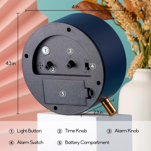 4 inches Super Silent Alarm Clock, Round Alarm Clock with Night Light,Battery Operated,Easy Set Entry Lux Stylefor Desk, Bedroom,Navy Blue