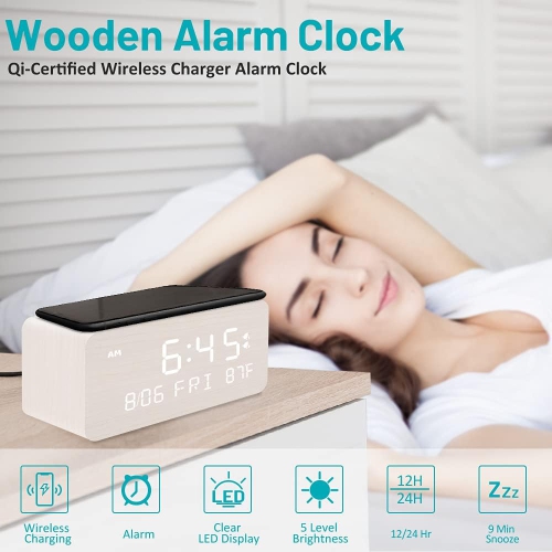 Wooden Digital Alarm Clock with Wireless Charging, Adjustable Brightness Dimmer and Alarm Volume, Wood LED Clock for Bedroom,White