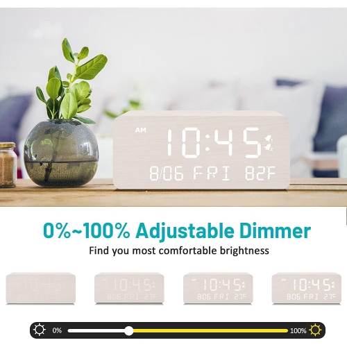Réveille-matin numérique en bois avec chargement sans fil, gradateur de luminosité réglable et volume d'alarme, réveil DEL en bois pour chambre, blanc