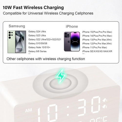 Réveille-matin numérique en bois avec chargement sans fil, gradateur de luminosité réglable et volume d'alarme, réveil DEL en bois pour chambre, blanc