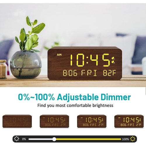 Wooden Digital Alarm Clock with Wireless Charging, Adjustable Brightness Dimmer and Alarm Volume, Wood LED Clock for Bedroom,Brown