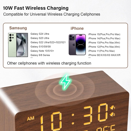 Wooden Digital Alarm Clock with Wireless Charging, Adjustable Brightness Dimmer and Alarm Volume, Wood LED Clock for Bedroom,Brown