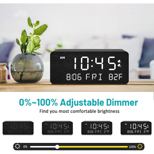Wooden Digital Alarm Clock with Wireless Charging, Adjustable Brightness Dimmer and Alarm Volume, Wood LED Clock for Bedroom,Black