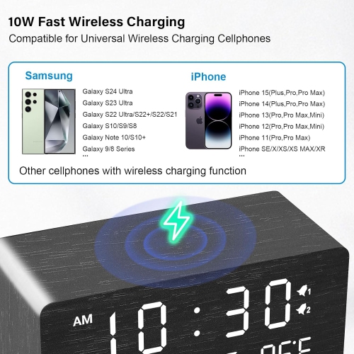 Wooden Digital Alarm Clock with Wireless Charging, Adjustable Brightness Dimmer and Alarm Volume, Wood LED Clock for Bedroom,Black