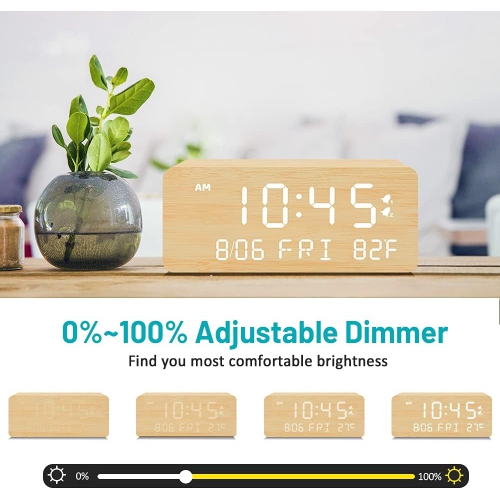 Réveille-matin numérique en bois avec chargement sans fil, gradateur de luminosité réglable et volume d'alarme, horloge DEL en bois pour chambre,